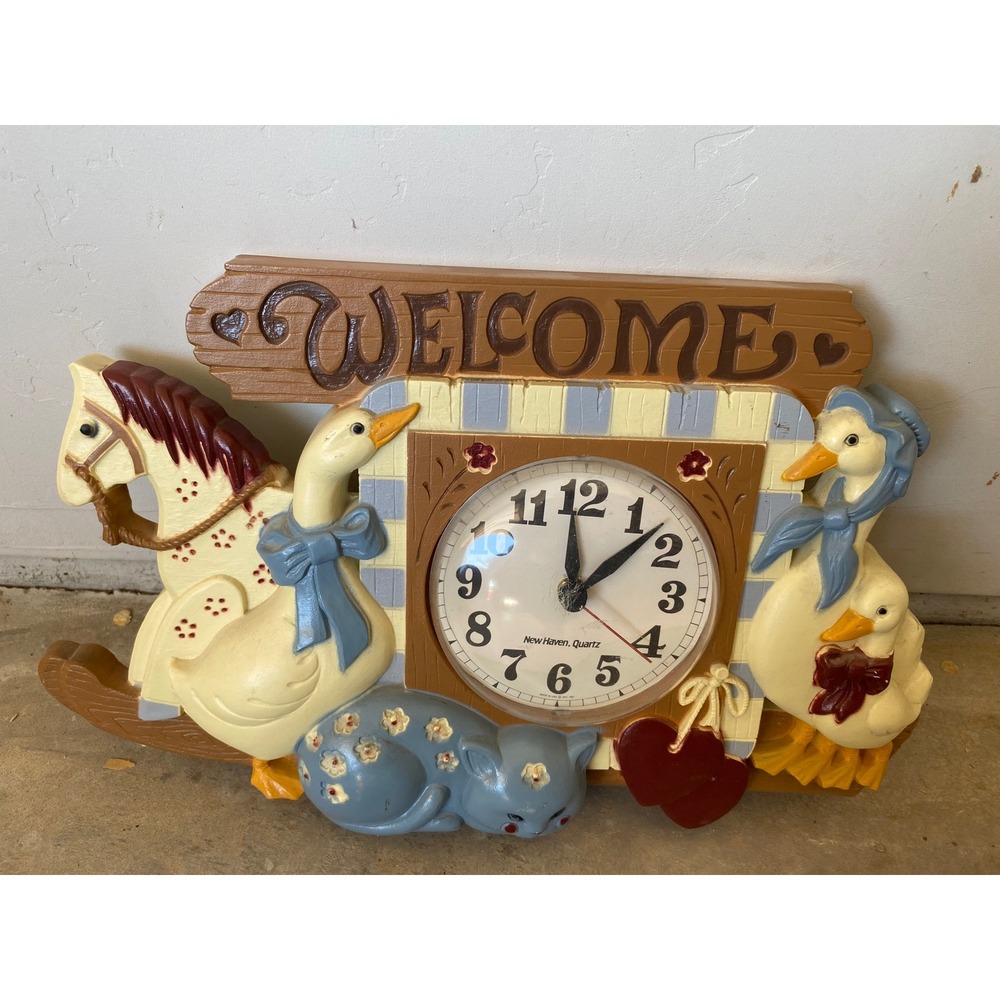 Vintage 1986 Burwood New Haven Quartz Welcome Wall Clock Country Geese Cat 2831
